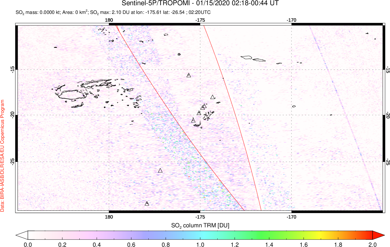 A sulfur dioxide image over Tonga, South Pacific on Jan 15, 2020.