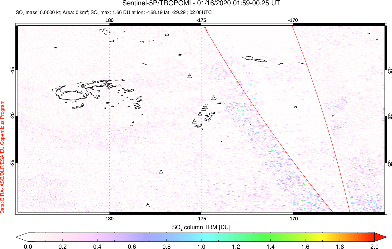 A sulfur dioxide image over Tonga, South Pacific on Jan 16, 2020.