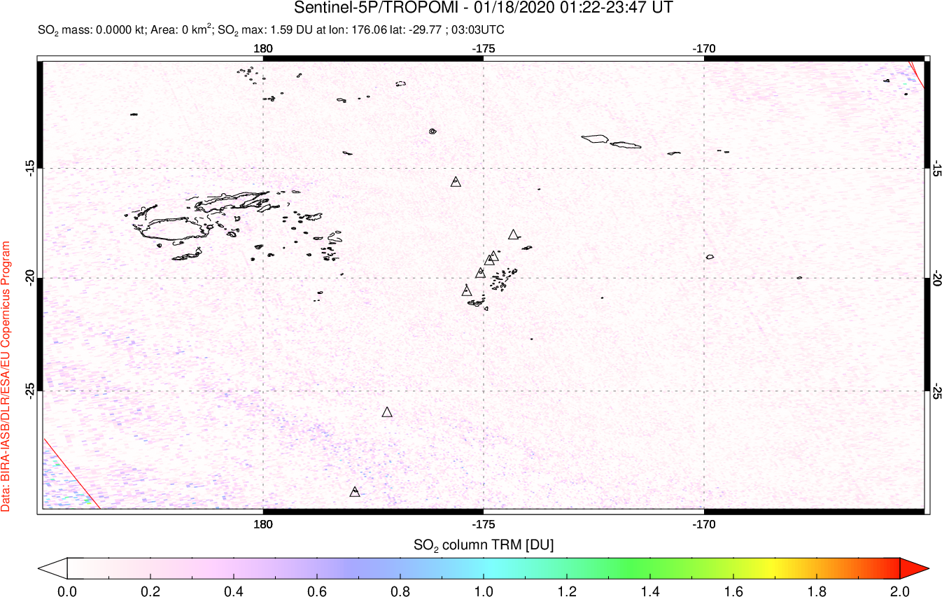 A sulfur dioxide image over Tonga, South Pacific on Jan 18, 2020.