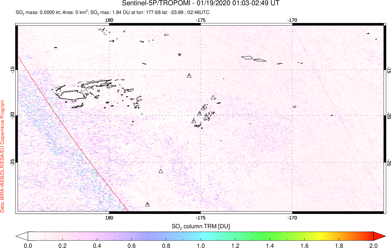 A sulfur dioxide image over Tonga, South Pacific on Jan 19, 2020.