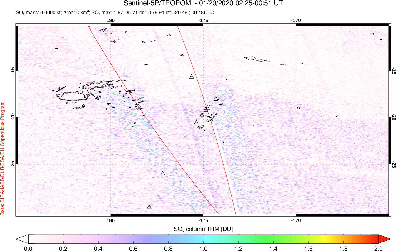 A sulfur dioxide image over Tonga, South Pacific on Jan 20, 2020.