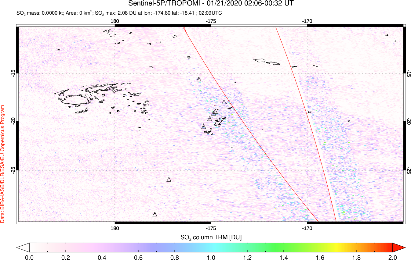 A sulfur dioxide image over Tonga, South Pacific on Jan 21, 2020.