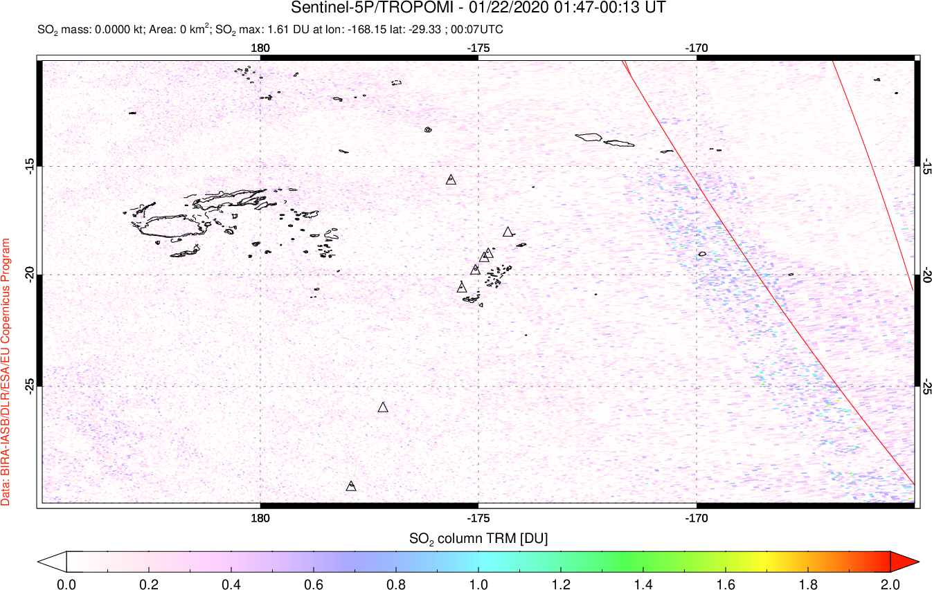 A sulfur dioxide image over Tonga, South Pacific on Jan 22, 2020.