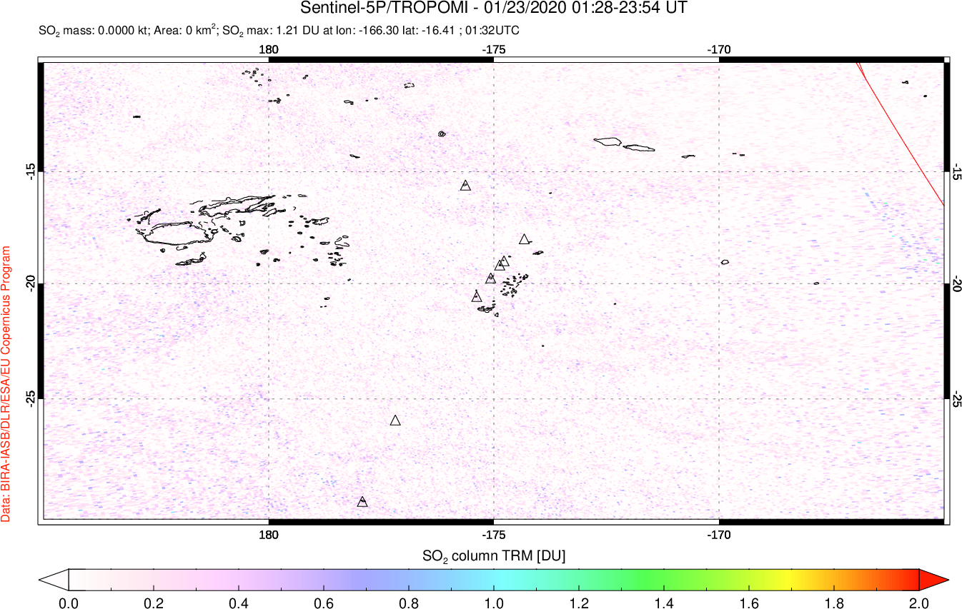 A sulfur dioxide image over Tonga, South Pacific on Jan 23, 2020.