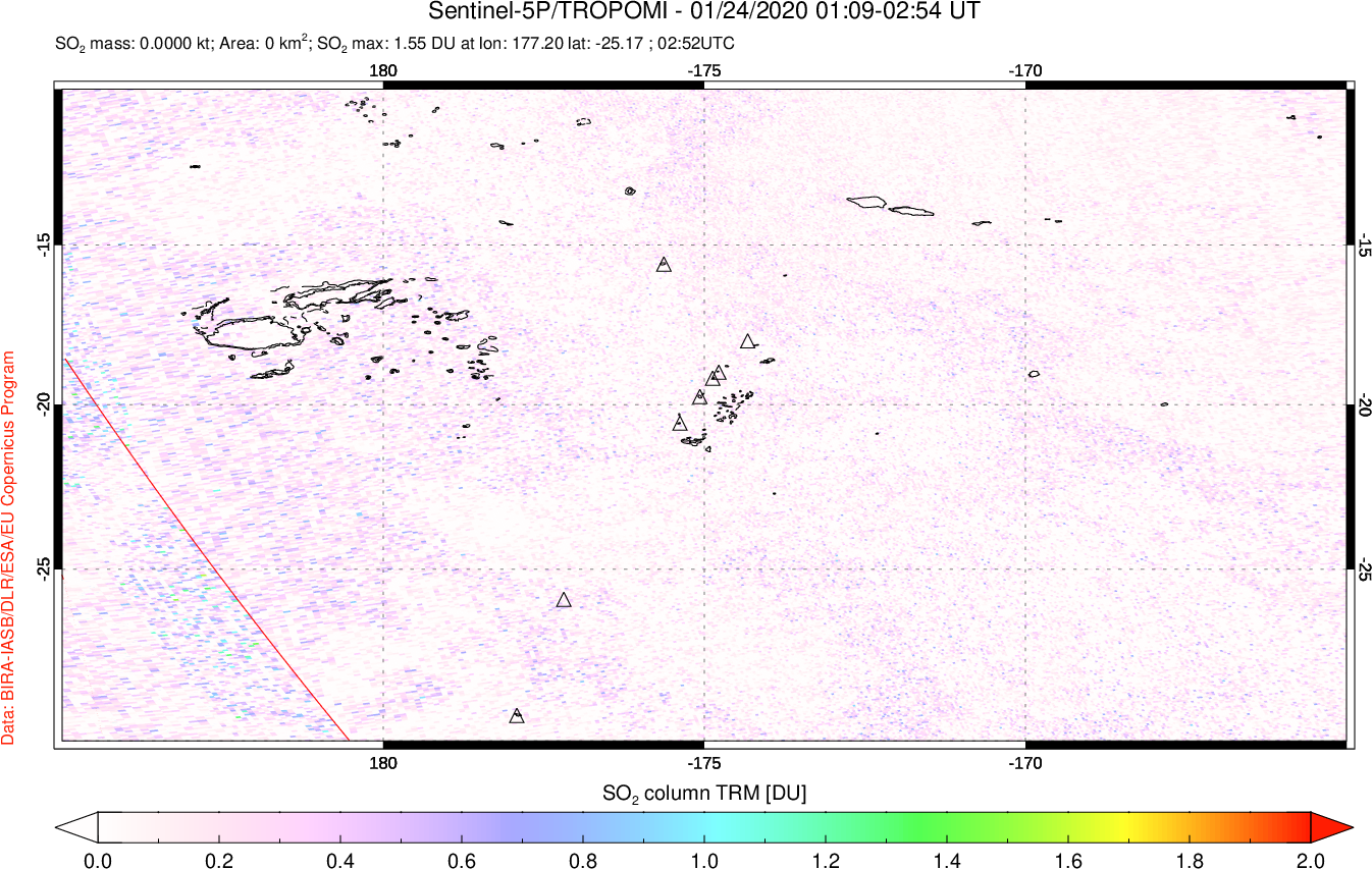 A sulfur dioxide image over Tonga, South Pacific on Jan 24, 2020.