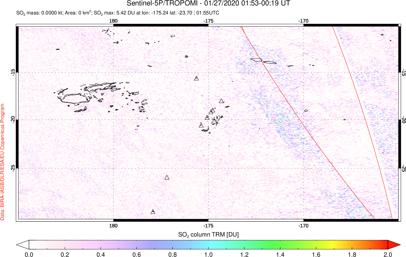 A sulfur dioxide image over Tonga, South Pacific on Jan 27, 2020.