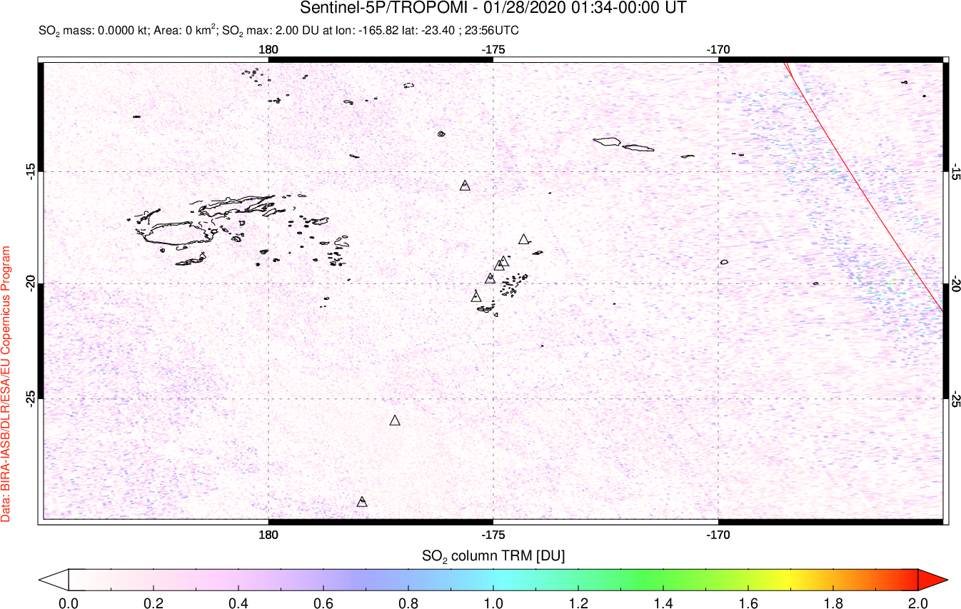 A sulfur dioxide image over Tonga, South Pacific on Jan 28, 2020.