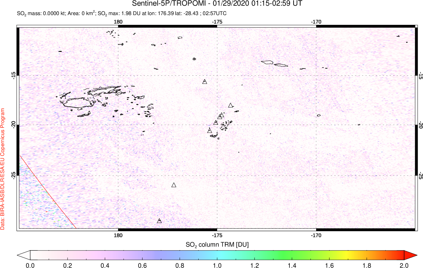 A sulfur dioxide image over Tonga, South Pacific on Jan 29, 2020.
