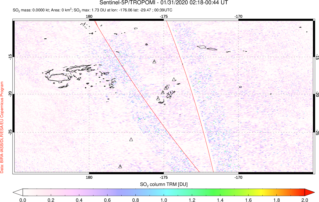 A sulfur dioxide image over Tonga, South Pacific on Jan 31, 2020.