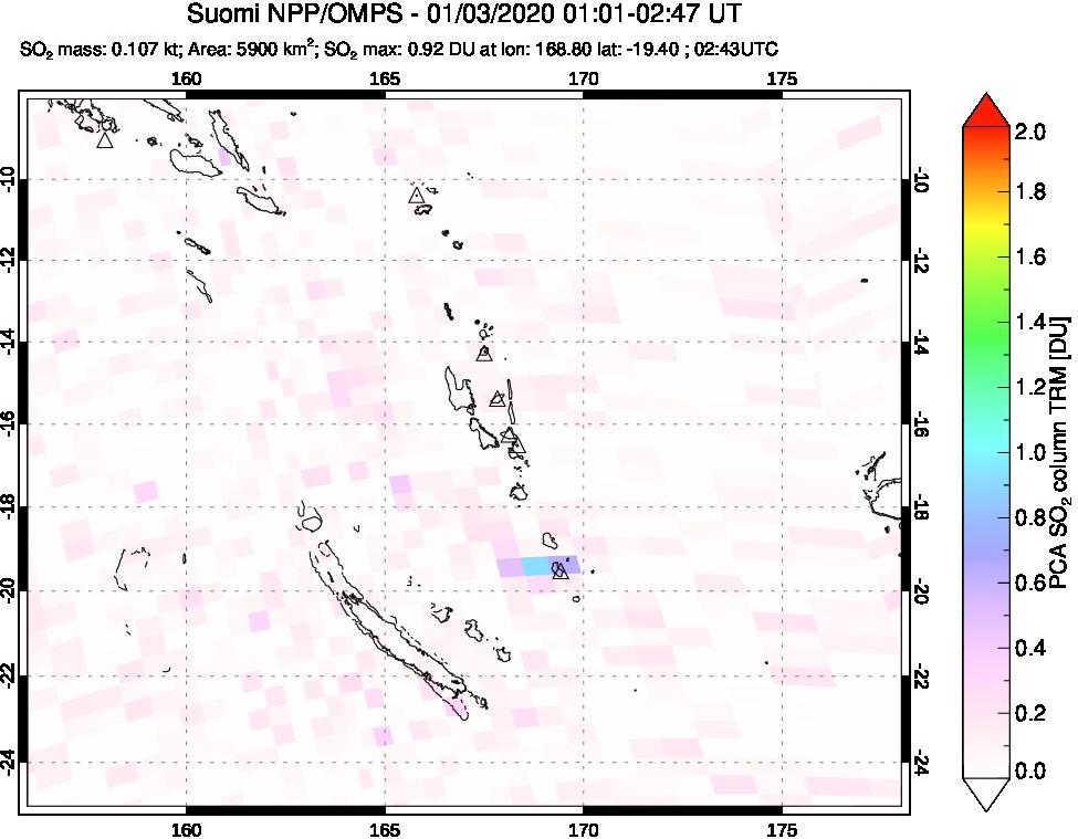 A sulfur dioxide image over Vanuatu, South Pacific on Jan 03, 2020.