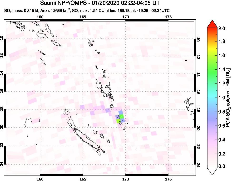 A sulfur dioxide image over Vanuatu, South Pacific on Jan 20, 2020.
