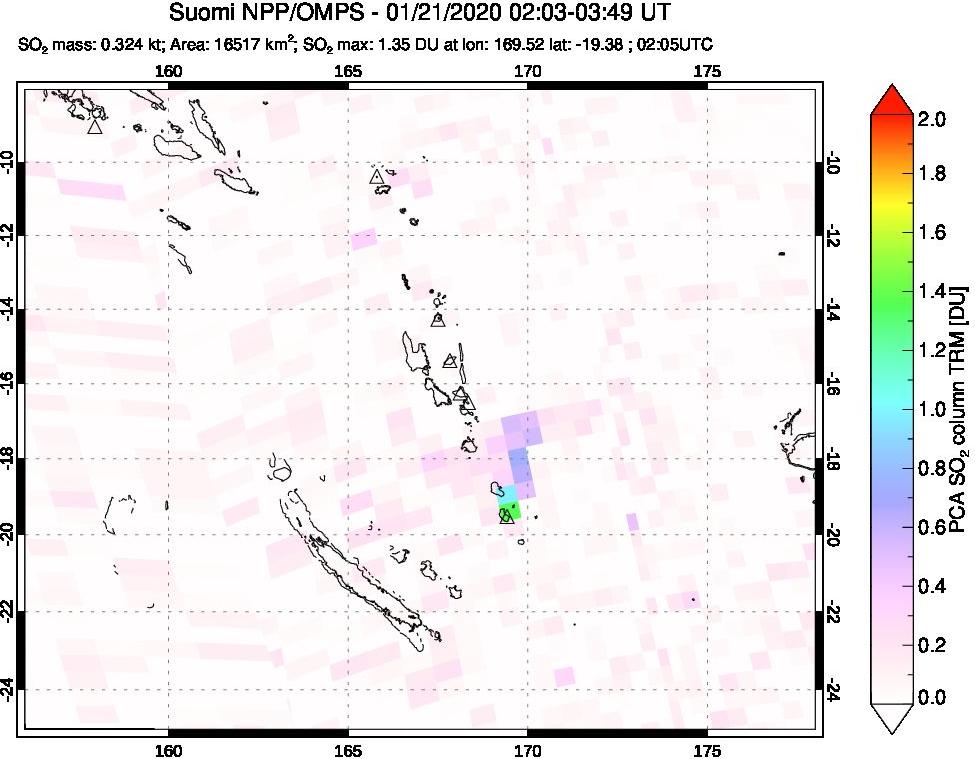 A sulfur dioxide image over Vanuatu, South Pacific on Jan 21, 2020.