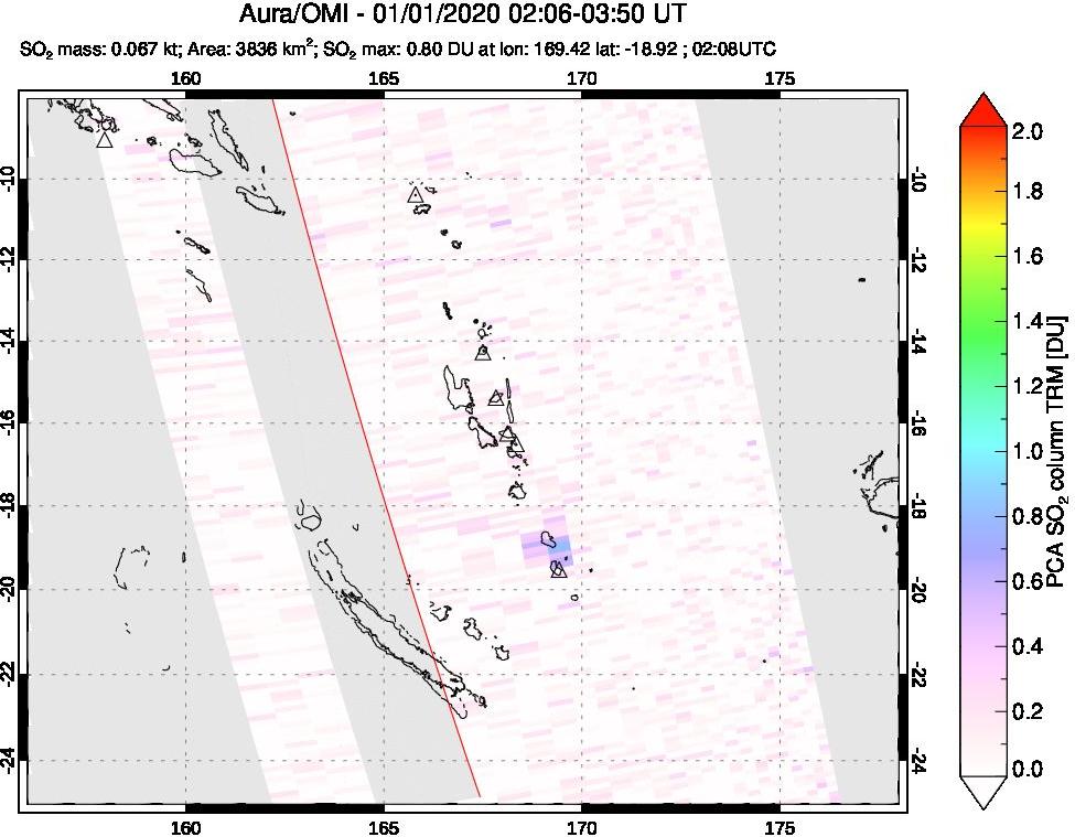 A sulfur dioxide image over Vanuatu, South Pacific on Jan 01, 2020.