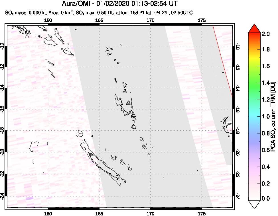 A sulfur dioxide image over Vanuatu, South Pacific on Jan 02, 2020.