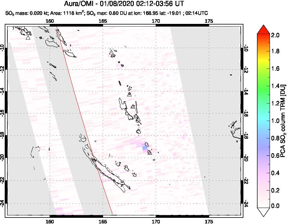 A sulfur dioxide image over Vanuatu, South Pacific on Jan 08, 2020.