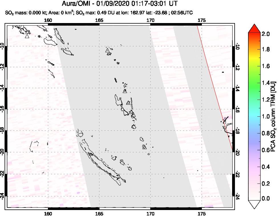 A sulfur dioxide image over Vanuatu, South Pacific on Jan 09, 2020.