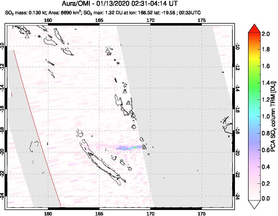 A sulfur dioxide image over Vanuatu, South Pacific on Jan 13, 2020.
