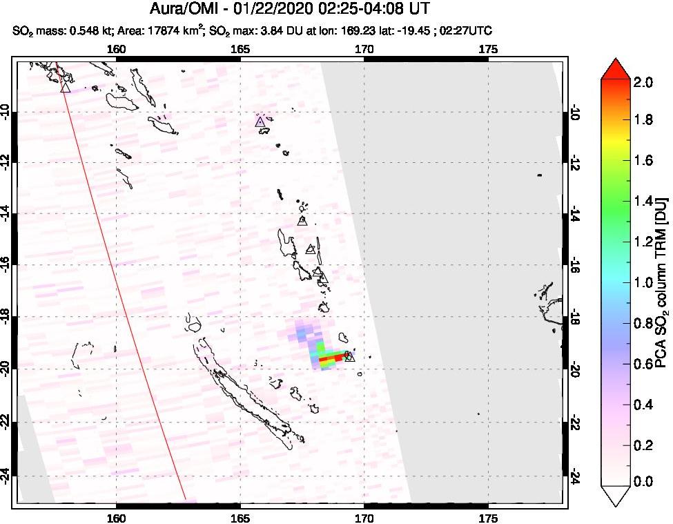 A sulfur dioxide image over Vanuatu, South Pacific on Jan 22, 2020.