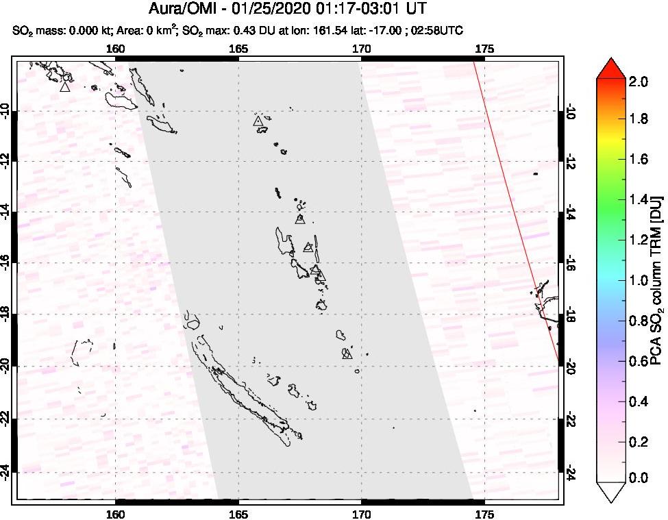 A sulfur dioxide image over Vanuatu, South Pacific on Jan 25, 2020.