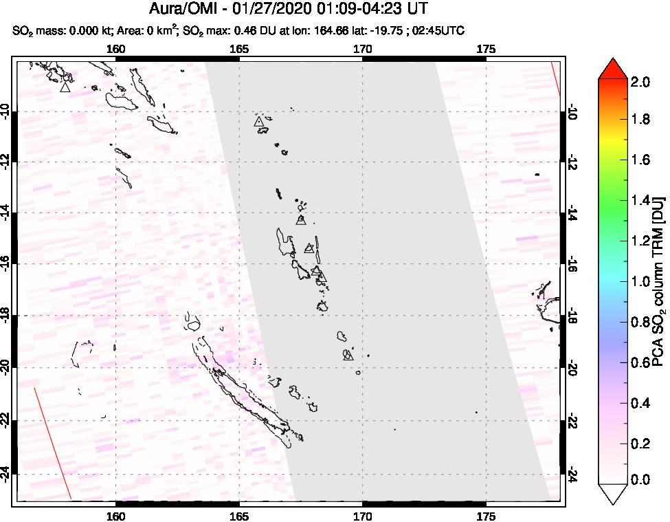 A sulfur dioxide image over Vanuatu, South Pacific on Jan 27, 2020.