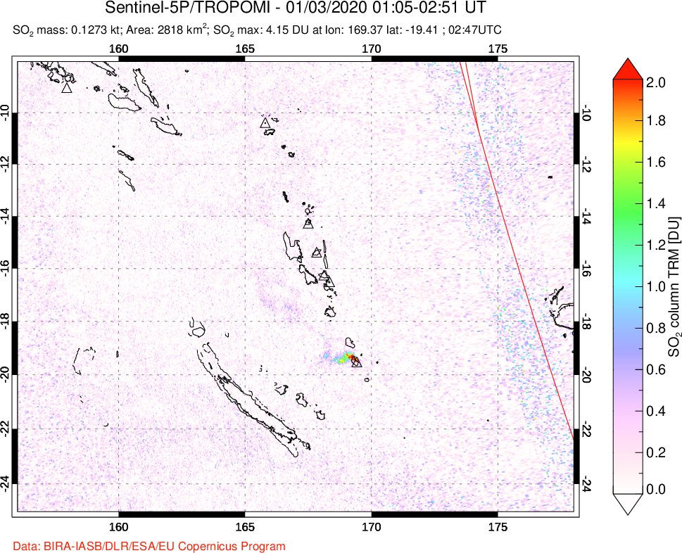 A sulfur dioxide image over Vanuatu, South Pacific on Jan 03, 2020.