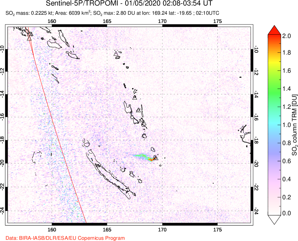 A sulfur dioxide image over Vanuatu, South Pacific on Jan 05, 2020.