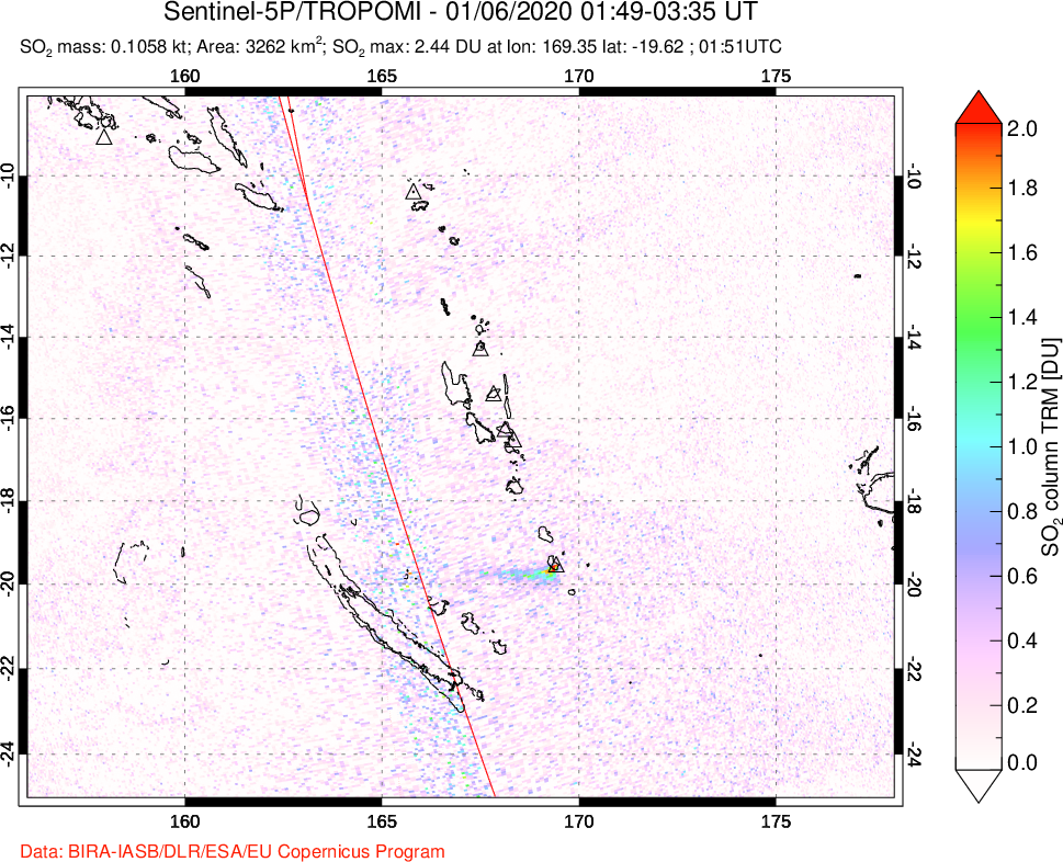 A sulfur dioxide image over Vanuatu, South Pacific on Jan 06, 2020.