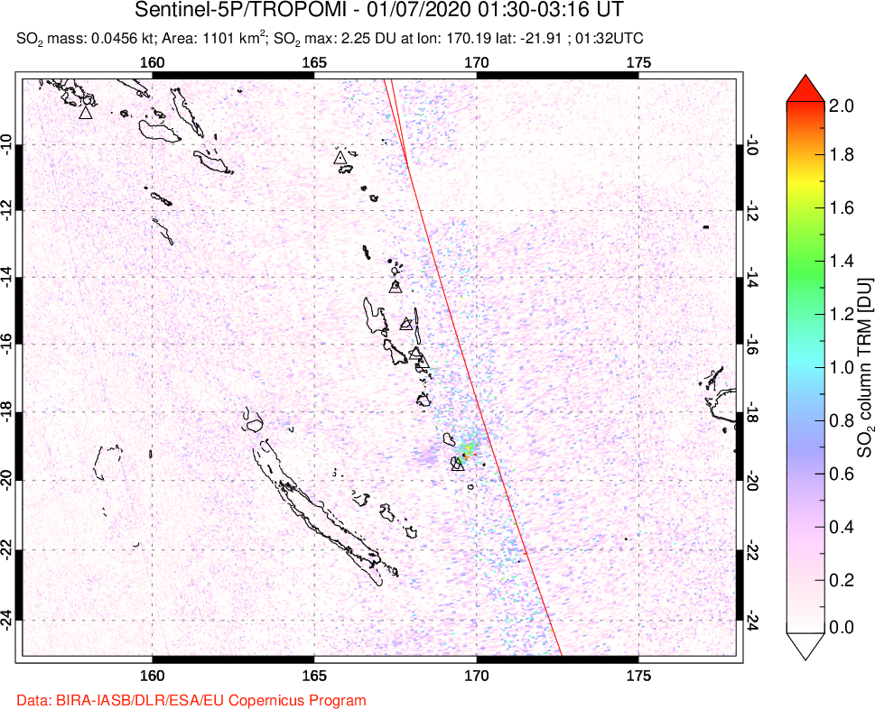 A sulfur dioxide image over Vanuatu, South Pacific on Jan 07, 2020.