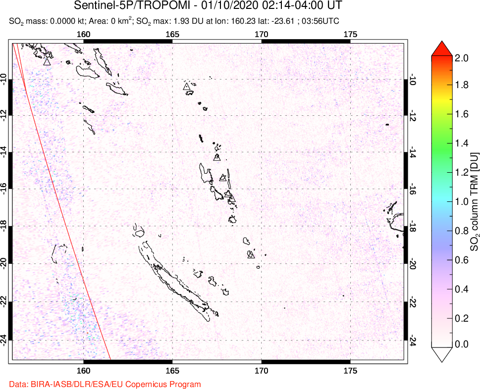A sulfur dioxide image over Vanuatu, South Pacific on Jan 10, 2020.
