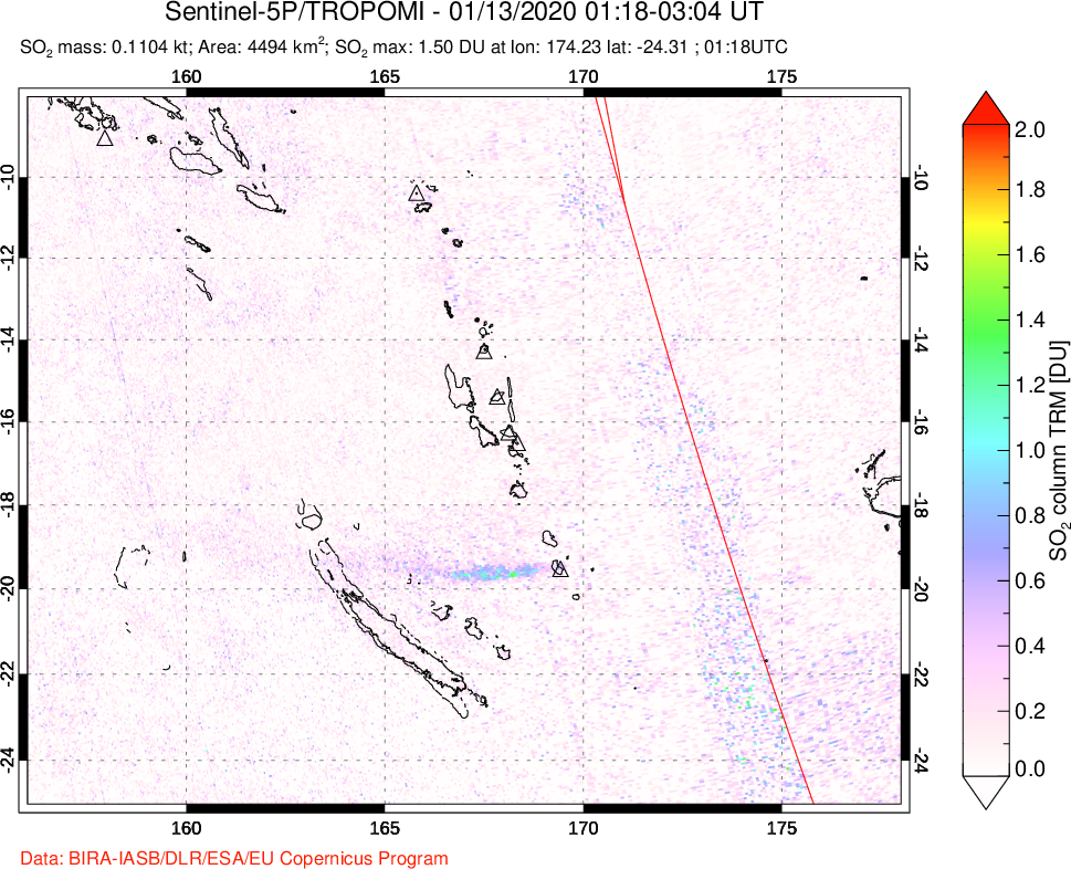 A sulfur dioxide image over Vanuatu, South Pacific on Jan 13, 2020.