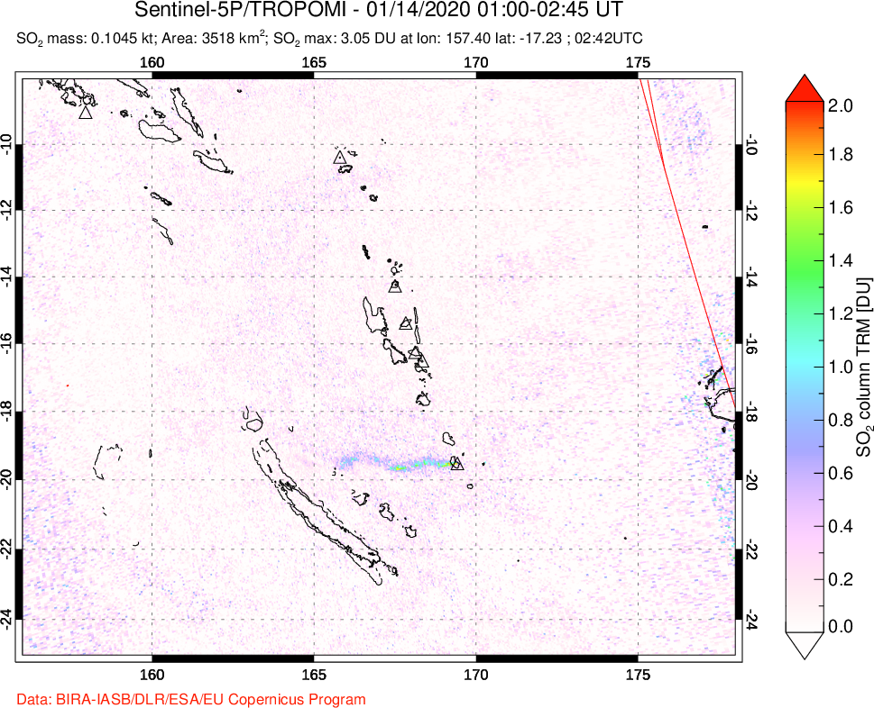 A sulfur dioxide image over Vanuatu, South Pacific on Jan 14, 2020.