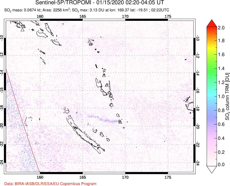 A sulfur dioxide image over Vanuatu, South Pacific on Jan 15, 2020.