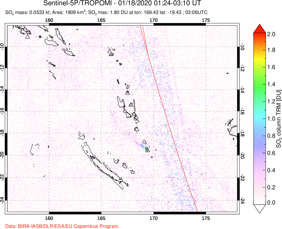 A sulfur dioxide image over Vanuatu, South Pacific on Jan 18, 2020.