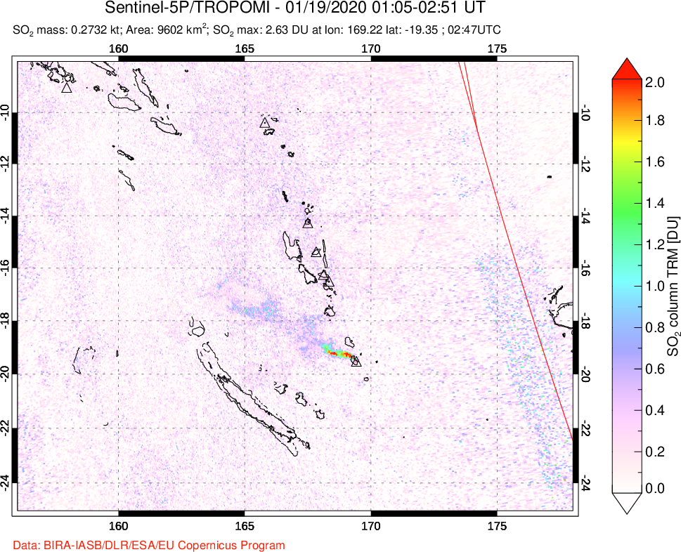 A sulfur dioxide image over Vanuatu, South Pacific on Jan 19, 2020.