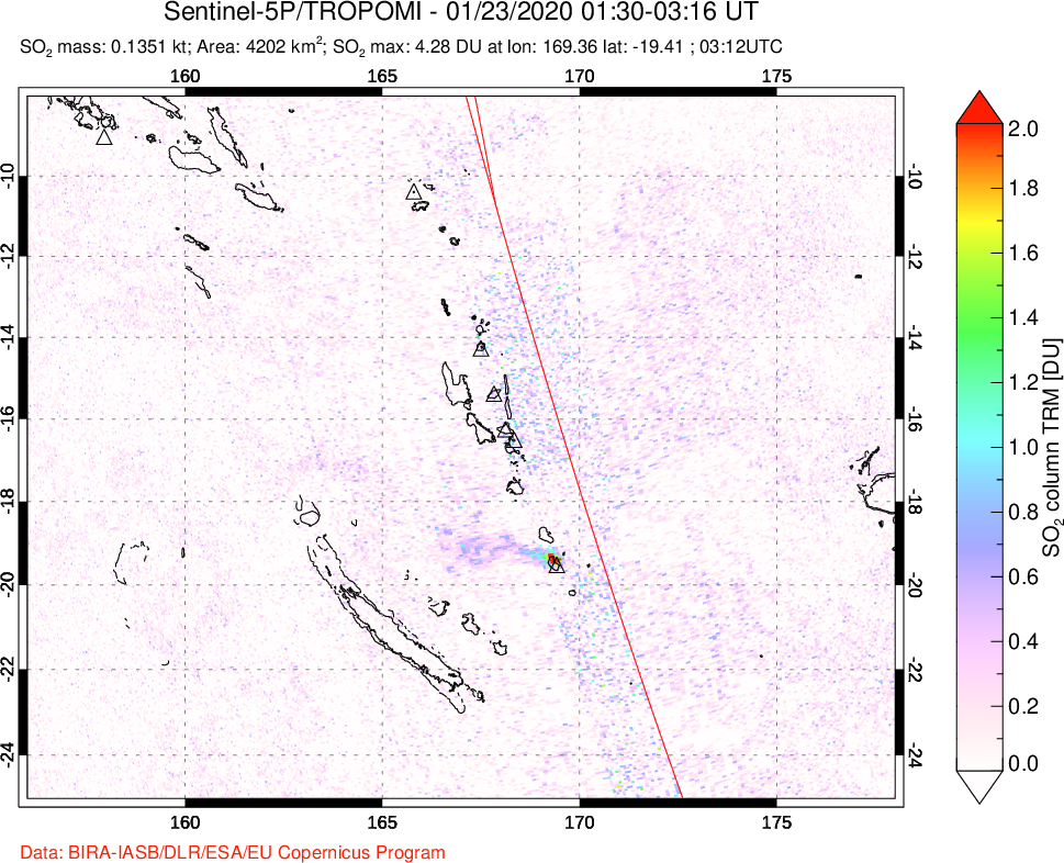 A sulfur dioxide image over Vanuatu, South Pacific on Jan 23, 2020.