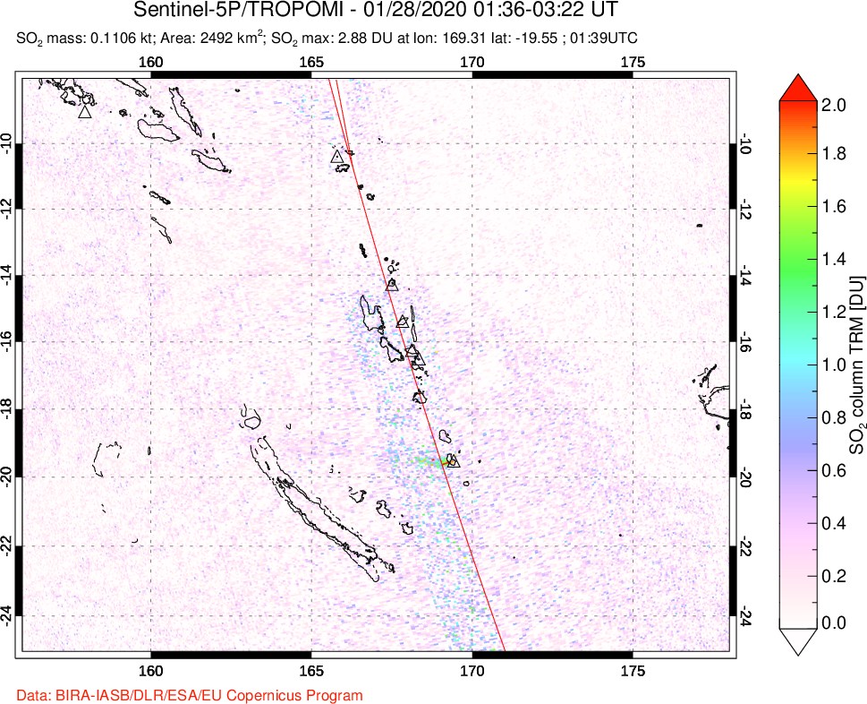 A sulfur dioxide image over Vanuatu, South Pacific on Jan 28, 2020.