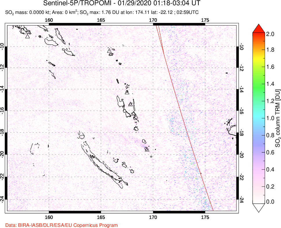 A sulfur dioxide image over Vanuatu, South Pacific on Jan 29, 2020.