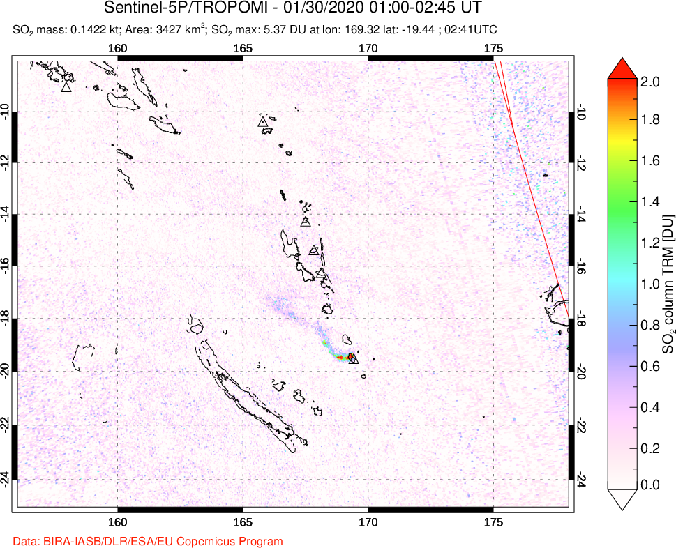 A sulfur dioxide image over Vanuatu, South Pacific on Jan 30, 2020.