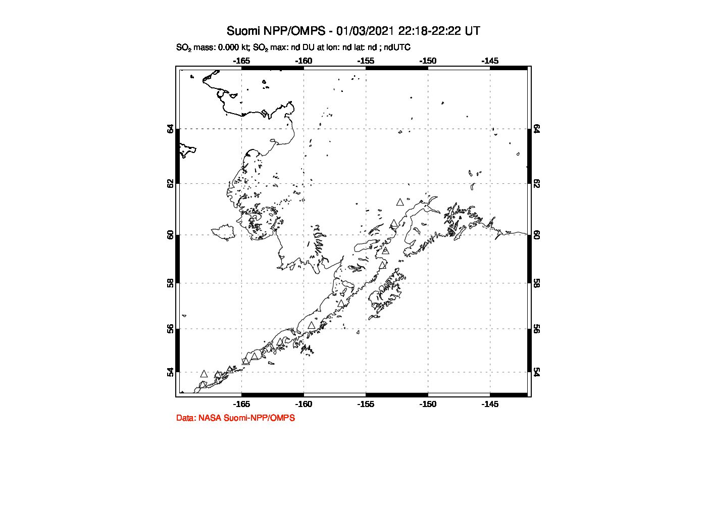 A sulfur dioxide image over Alaska, USA on Jan 03, 2021.