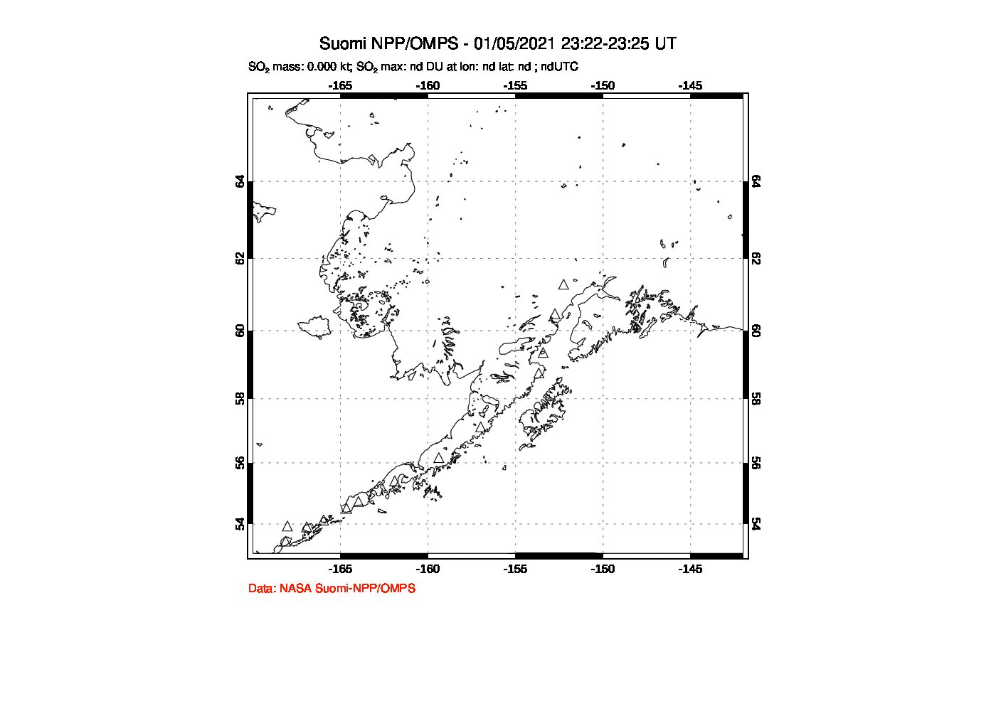 A sulfur dioxide image over Alaska, USA on Jan 05, 2021.