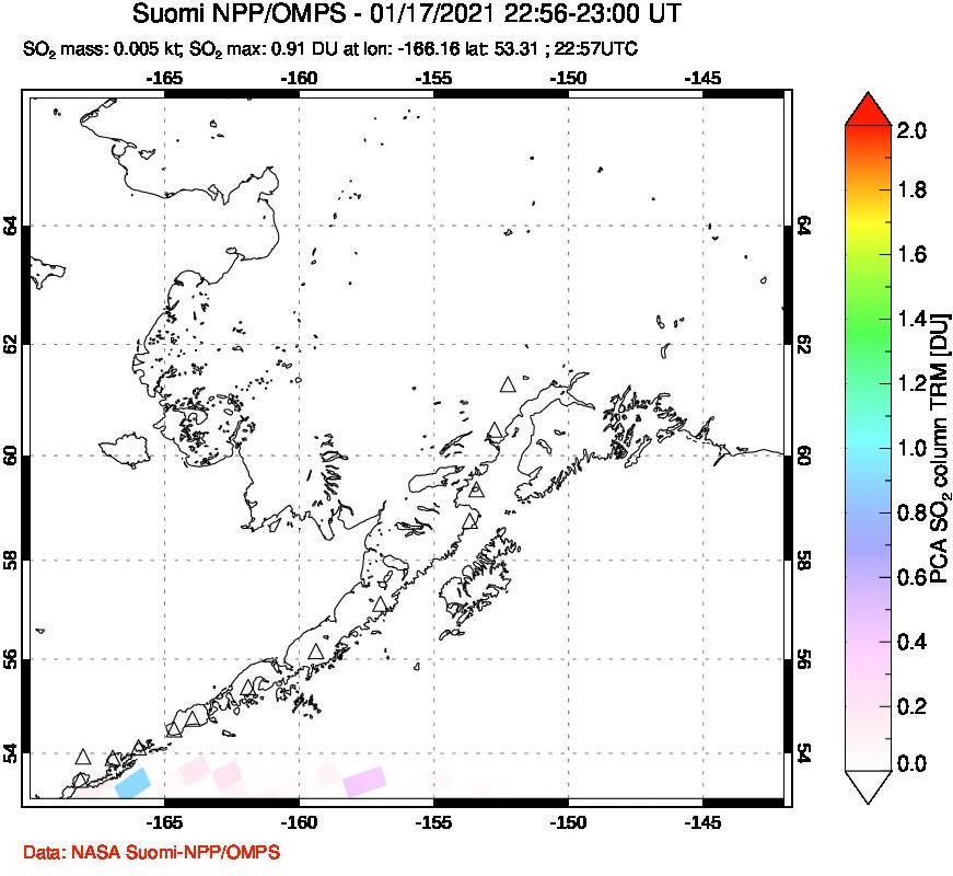A sulfur dioxide image over Alaska, USA on Jan 17, 2021.
