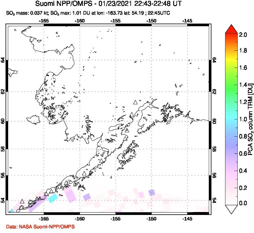 A sulfur dioxide image over Alaska, USA on Jan 23, 2021.