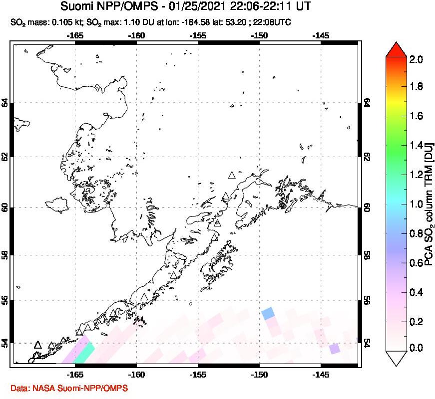 A sulfur dioxide image over Alaska, USA on Jan 25, 2021.