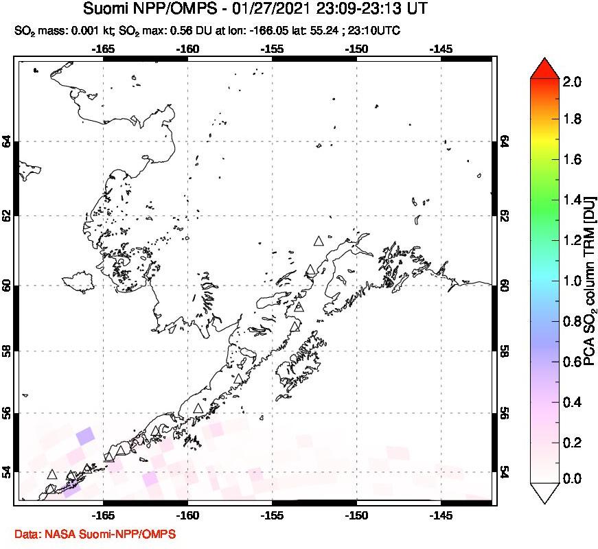 A sulfur dioxide image over Alaska, USA on Jan 27, 2021.