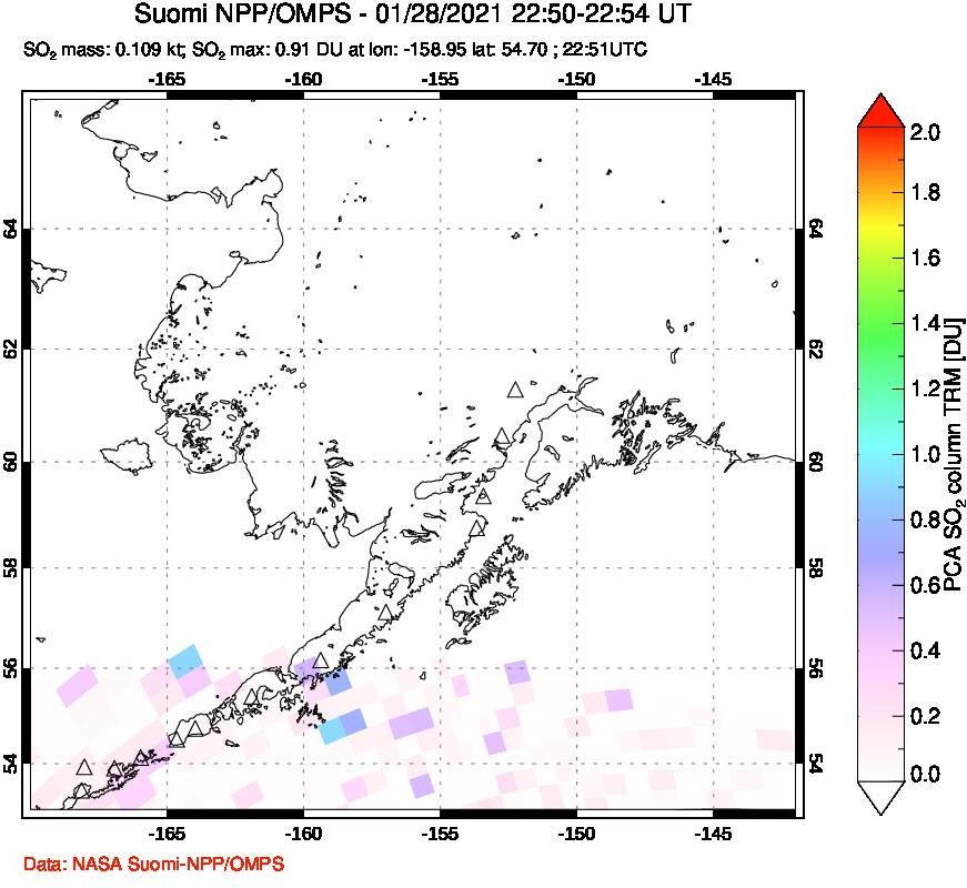 A sulfur dioxide image over Alaska, USA on Jan 28, 2021.