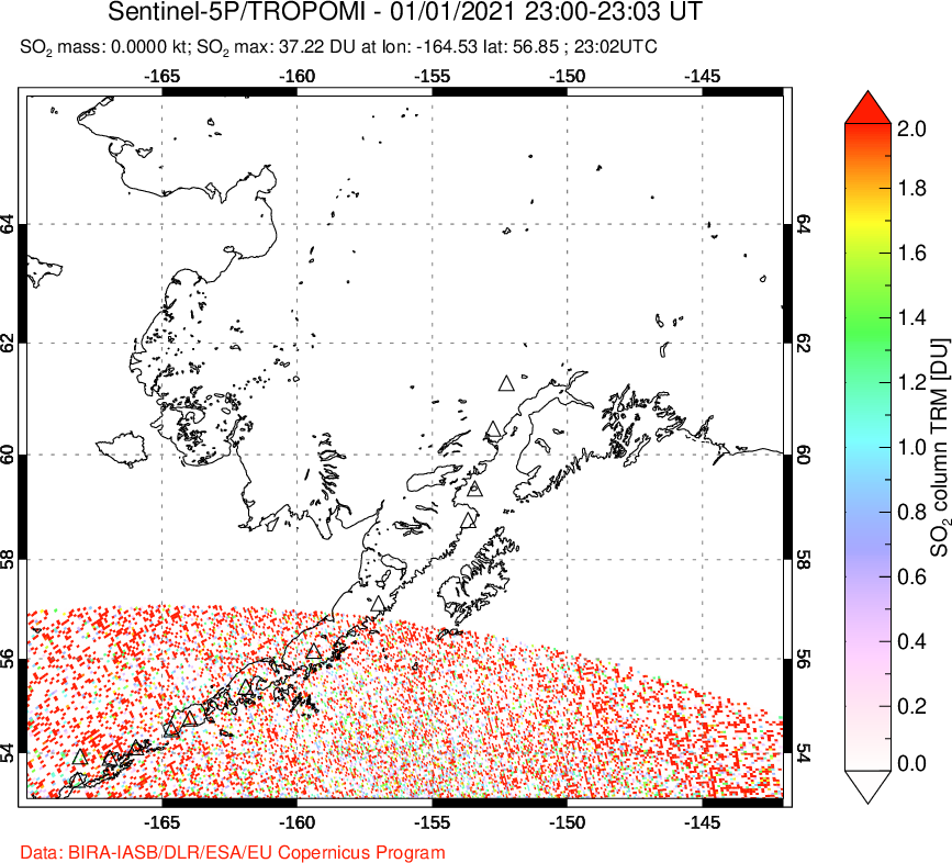 A sulfur dioxide image over Alaska, USA on Jan 01, 2021.