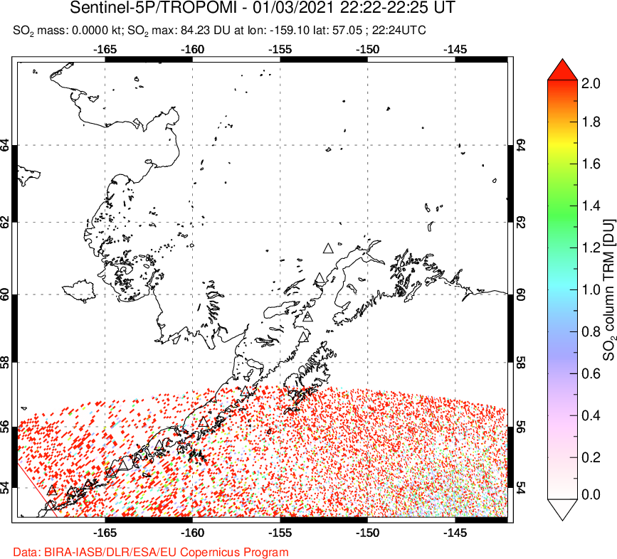 A sulfur dioxide image over Alaska, USA on Jan 03, 2021.