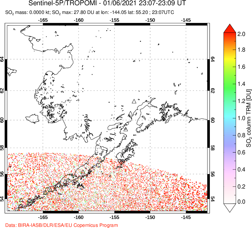 A sulfur dioxide image over Alaska, USA on Jan 06, 2021.