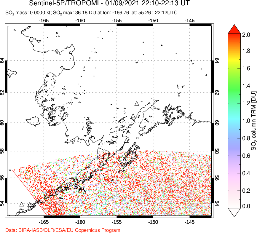 A sulfur dioxide image over Alaska, USA on Jan 09, 2021.