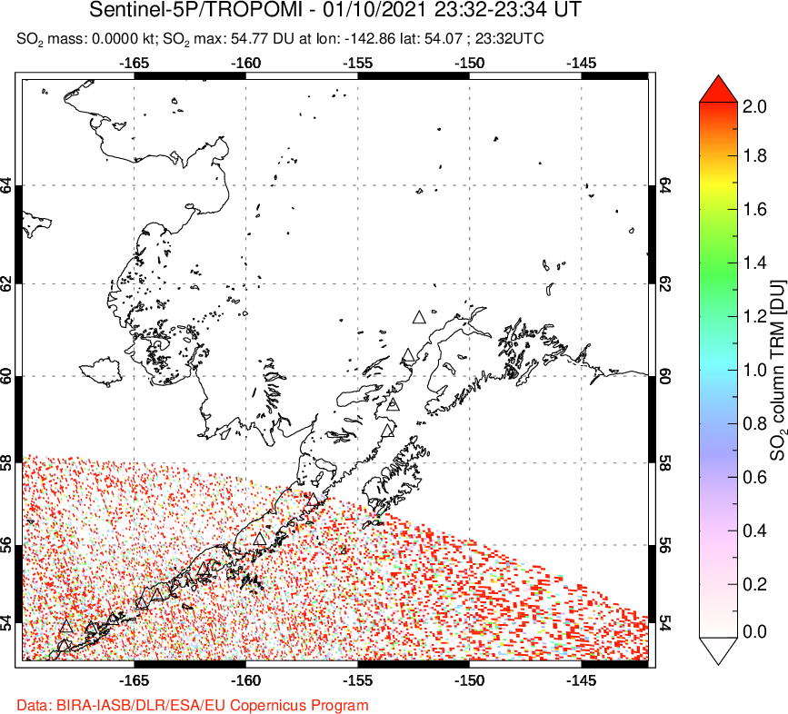 A sulfur dioxide image over Alaska, USA on Jan 10, 2021.